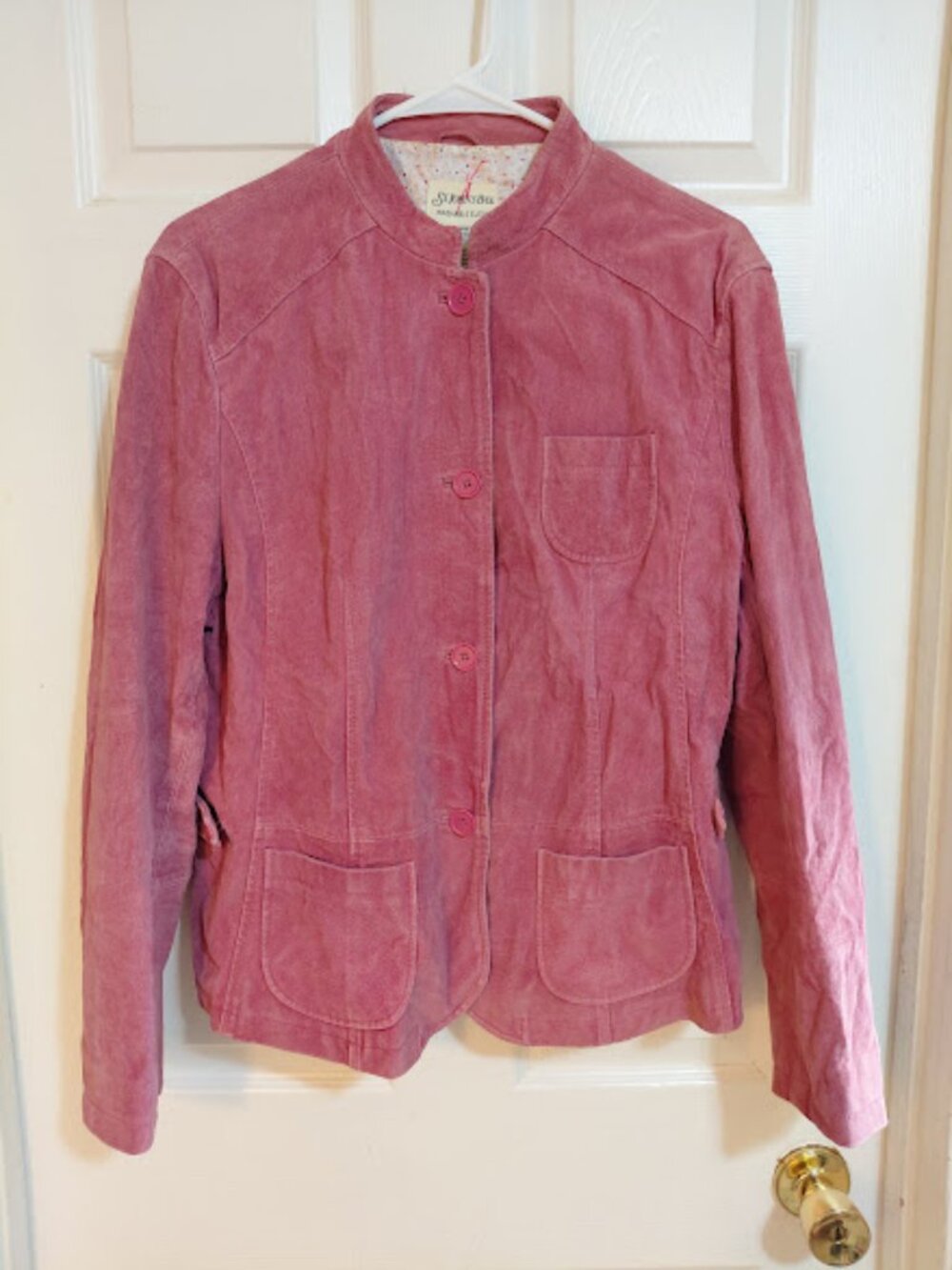 St. Johns Bay Pink Washable Suede Genuine Leather Button Up Coat Blazer Jacket